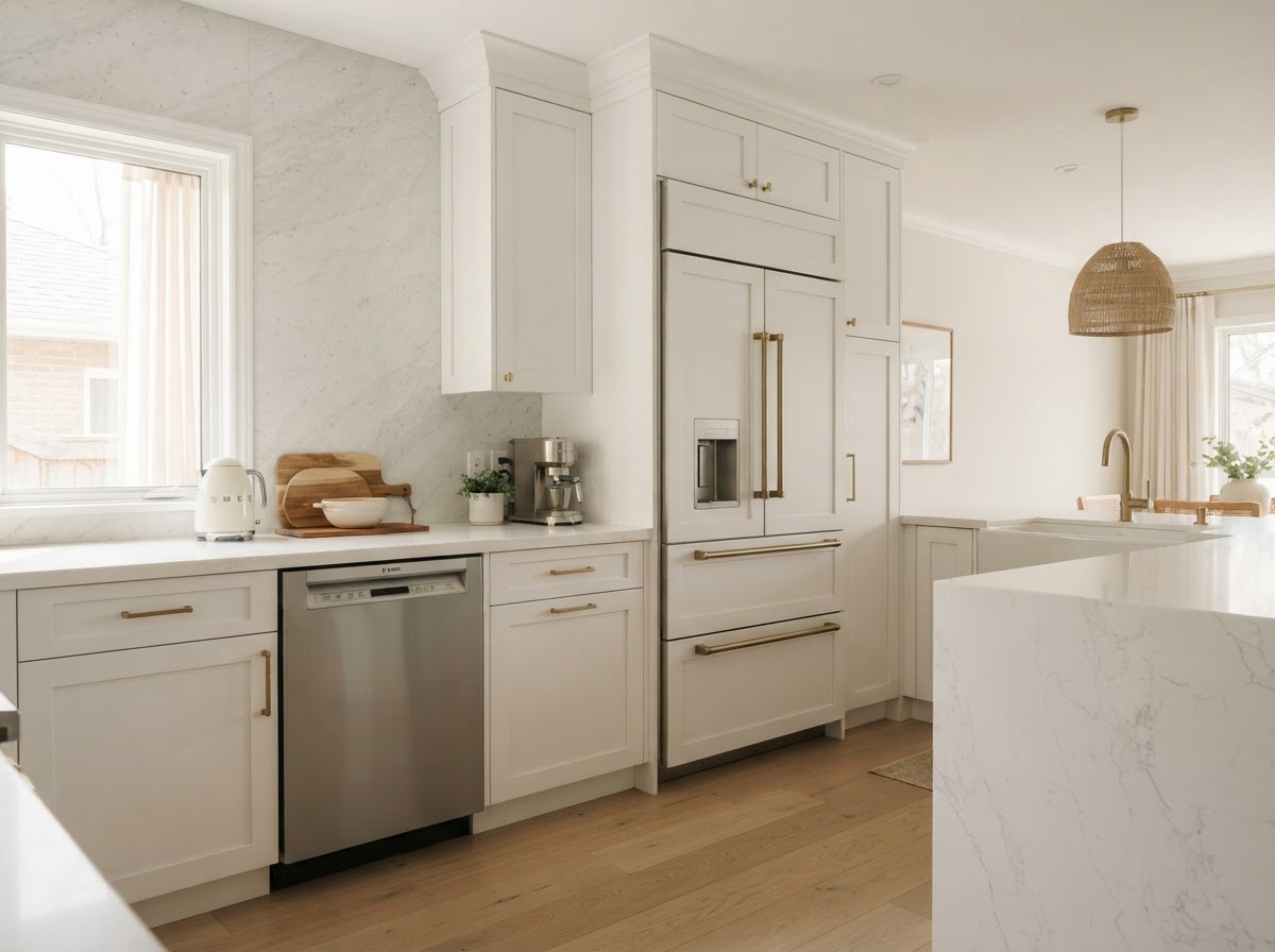 Beautiful modern kitchen with integrated dishwasher and refrigerator