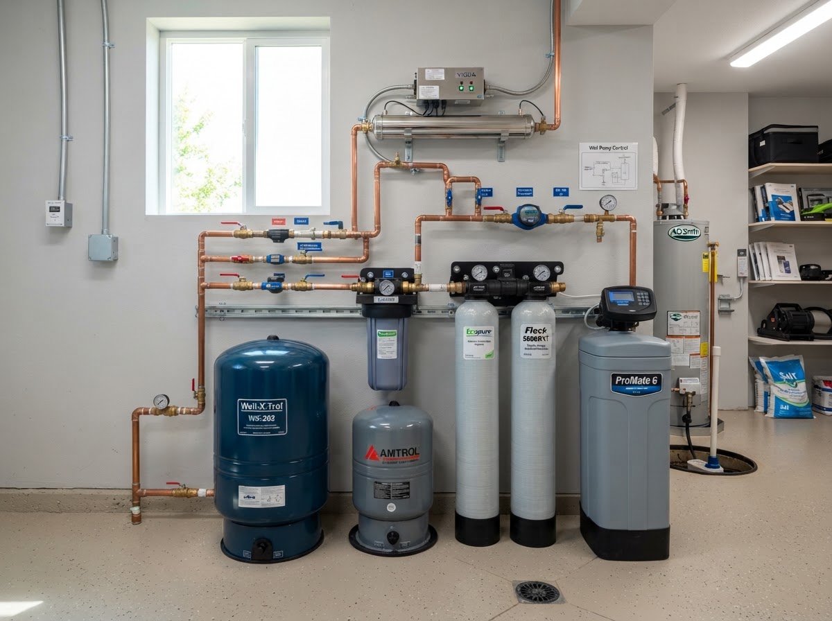 Residential well-water treatment equipment installed in a clean, professional setting