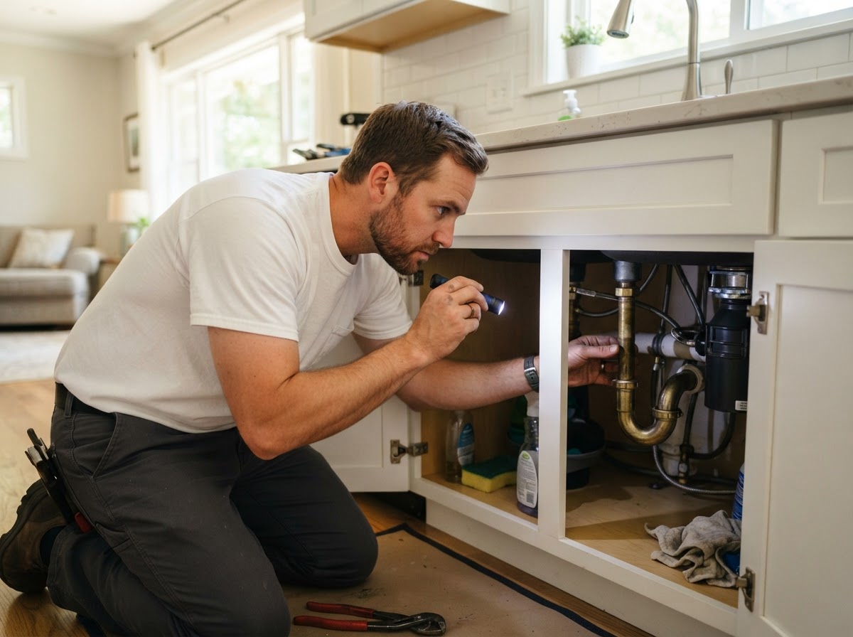 All Star technician examining residential plumbing beneath a sink