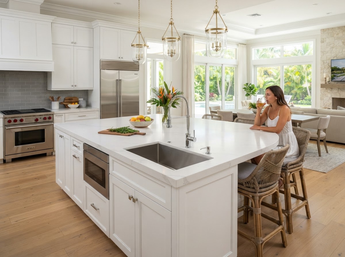 Large kitchen island with an integrated sink and elegant faucet in a bright Florida kitchen