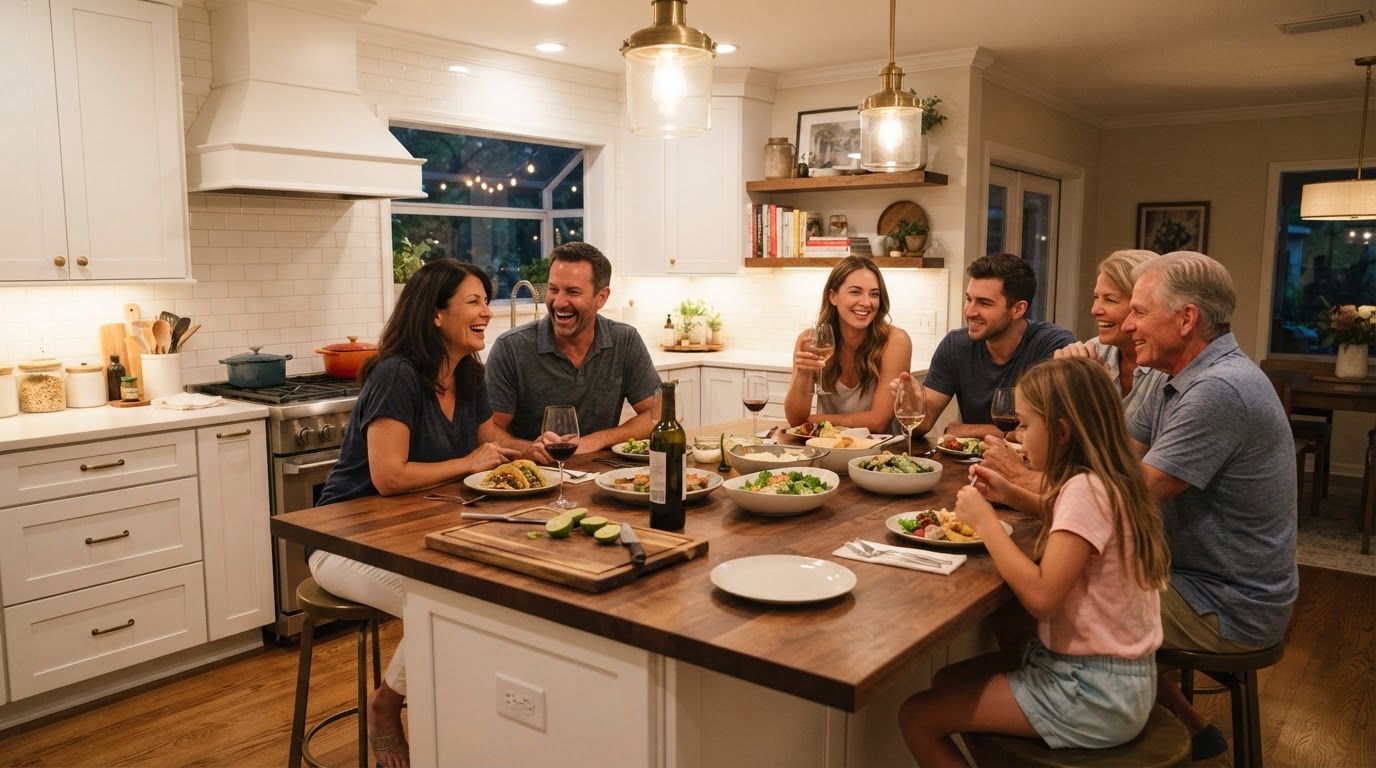 A beautiful residential kitchen with a family enjoying time together around the island in warm natural daylight