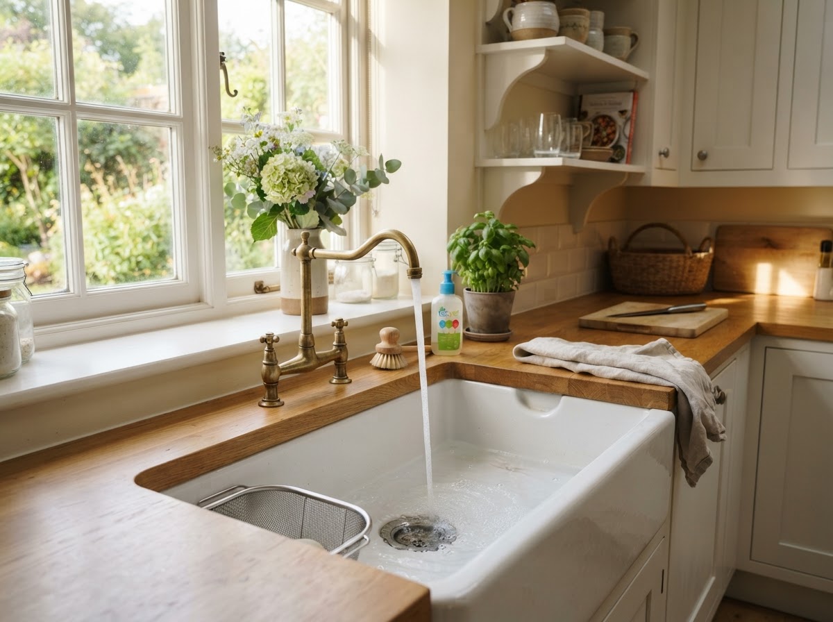 Beautiful kitchen sink with running water