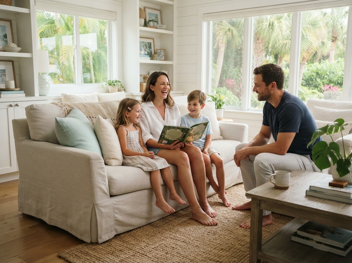 A family enjoying a relaxed afternoon together in a beautiful Florida home