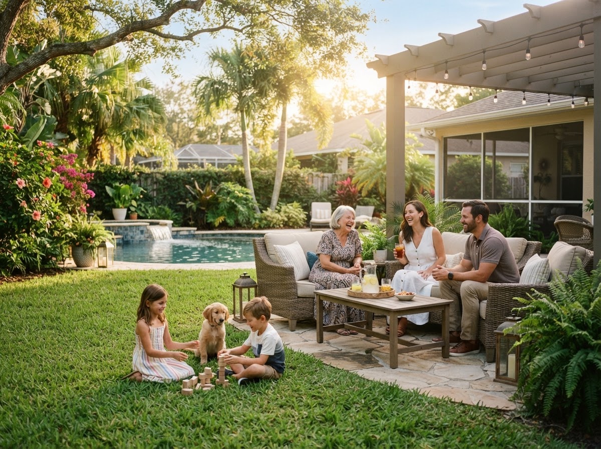 A beautiful Florida backyard with green grass, comfortable outdoor seating, and a family enjoying a warm afternoon together