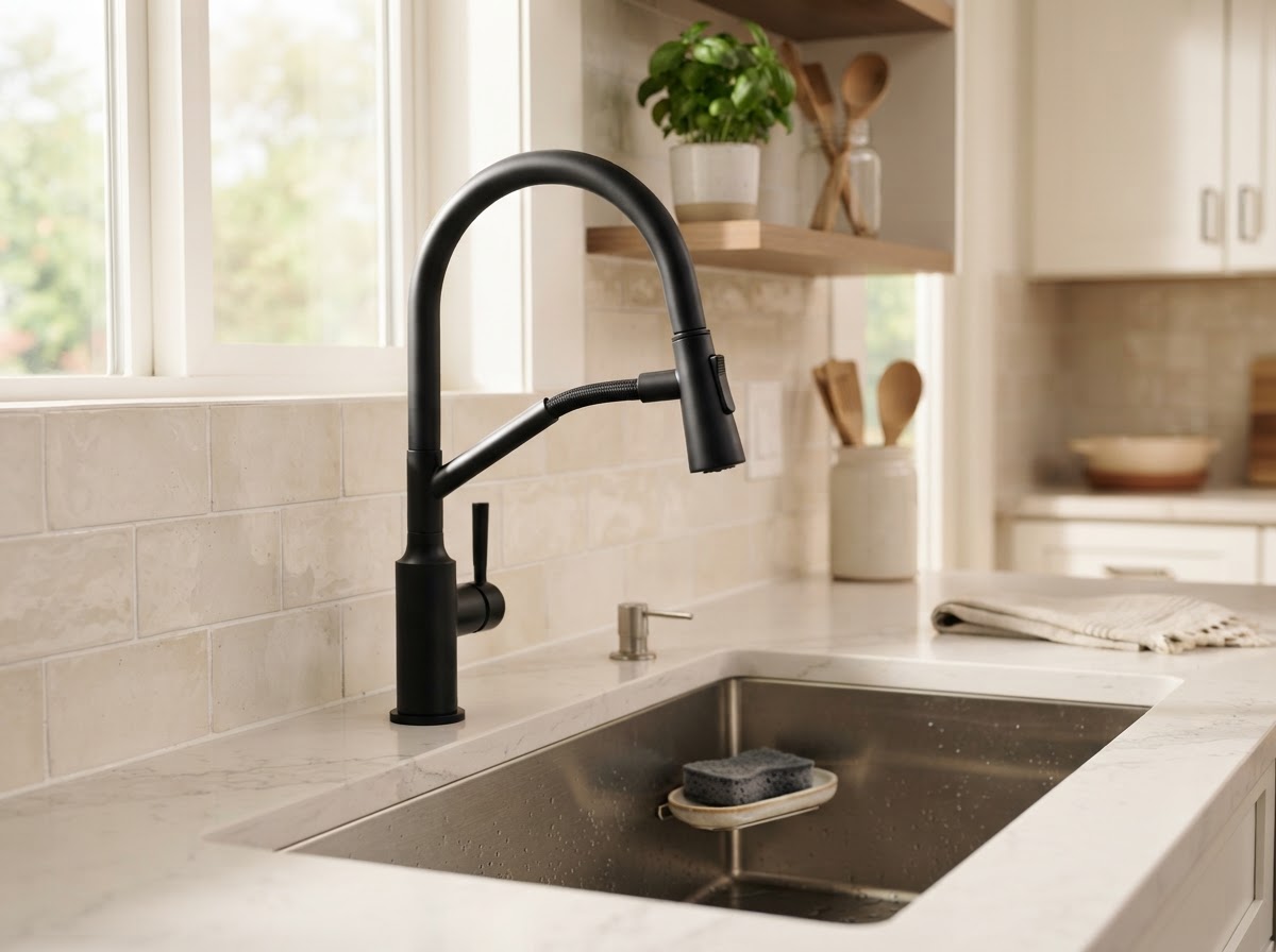 Elegant modern kitchen faucet with refined finish on a beautiful countertop