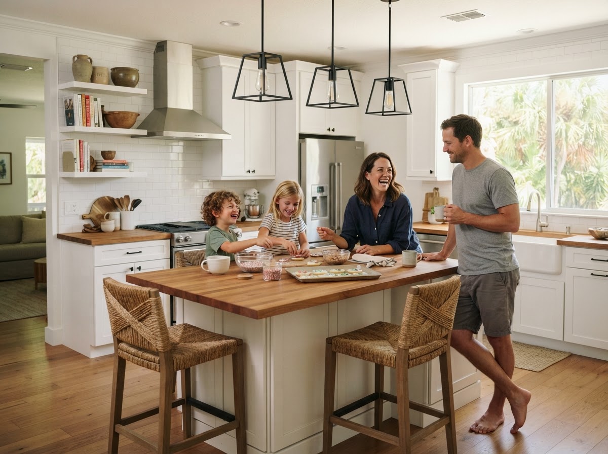 A warm, beautiful kitchen with family and friends sharing a meal and gathering around the island