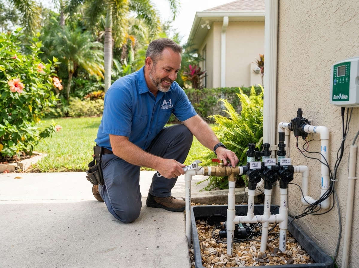 A professional inspecting a residential irrigation water-supply connection outdoors