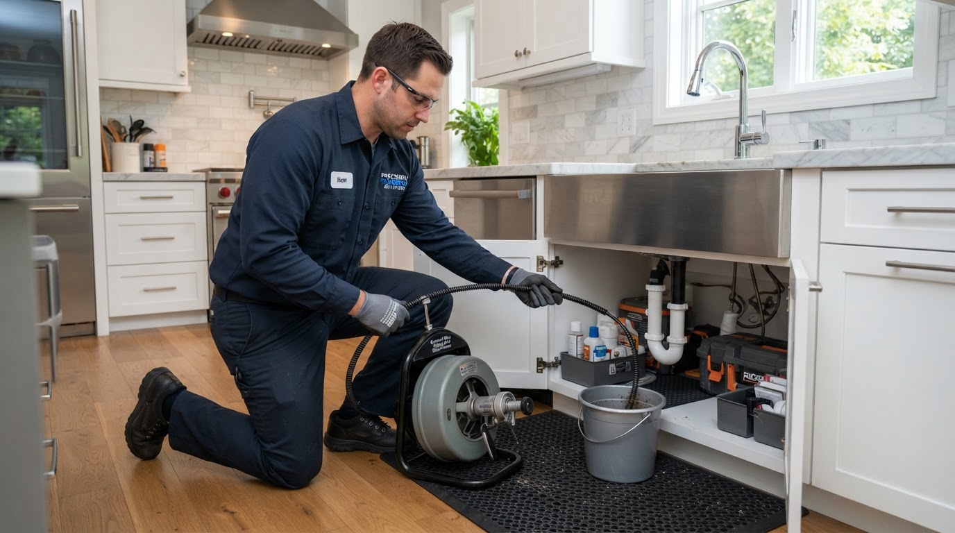 A professional plumber using a drain cleaning machine to clear a residential sink drain in a clean, modern kitchen