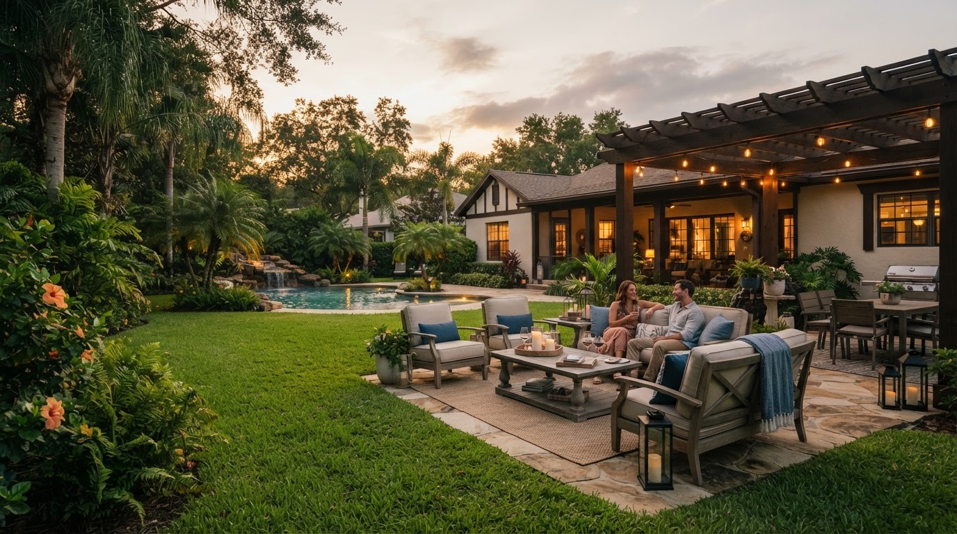 A beautiful Florida backyard with lush grass, outdoor seating, and a warm, welcoming atmosphere
