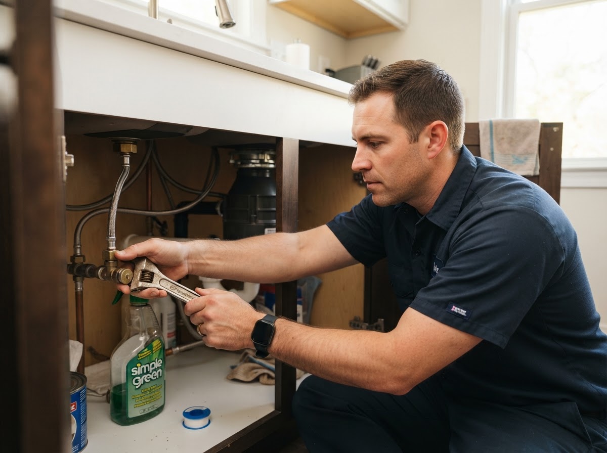 Professional plumber working on a residential water supply connection