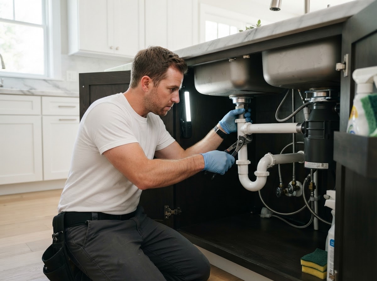 Professional residential plumbing connections beneath a kitchen sink