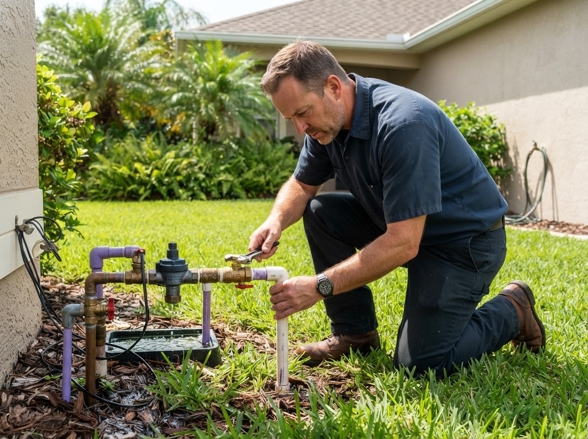A residential irrigation piping connection being examined by a technician for a leak outdoors