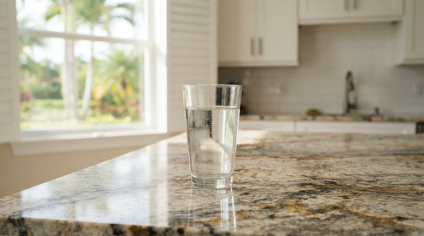 A single clean clear glass of fresh drinking water on a beautiful granite kitchen countertop in a bright, modern Florida home with warm natural light