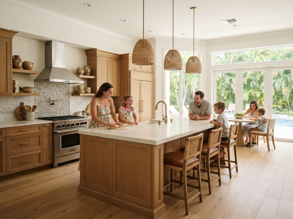 A premium, inviting Florida kitchen with natural light, beautiful cabinetry, a central island, and a welcoming atmosphere