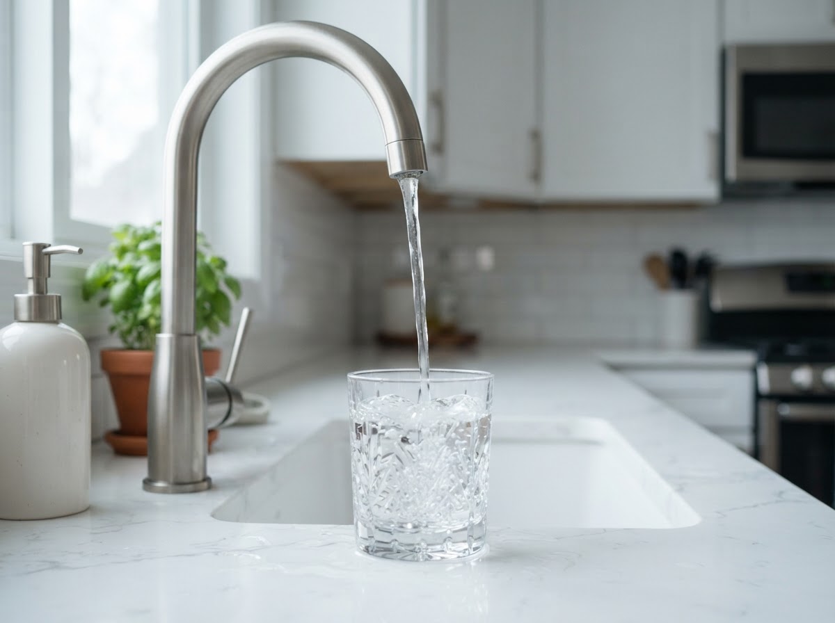 Clear tap water pouring from a modern brushed nickel kitchen faucet into a crystal glass in a bright, clean residential kitchen