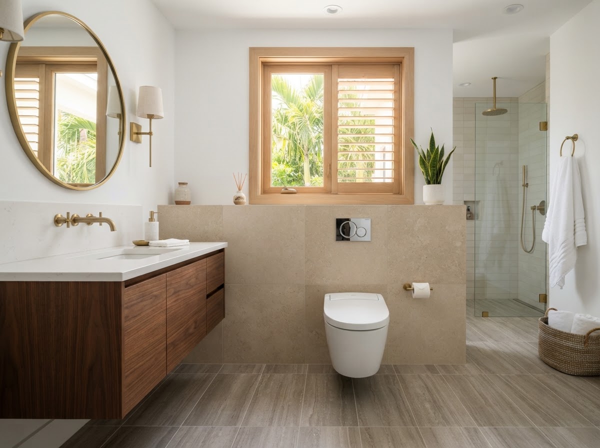 A beautiful high-end residential bathroom featuring a premium modern toilet, elegant fixtures, and luxury tile flooring in warm natural daylight
