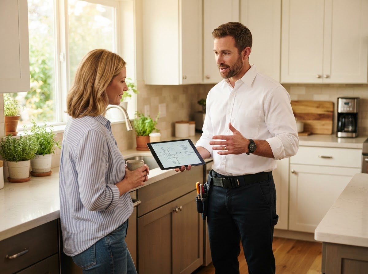 An All Star professional explaining plumbing findings clearly to a homeowner