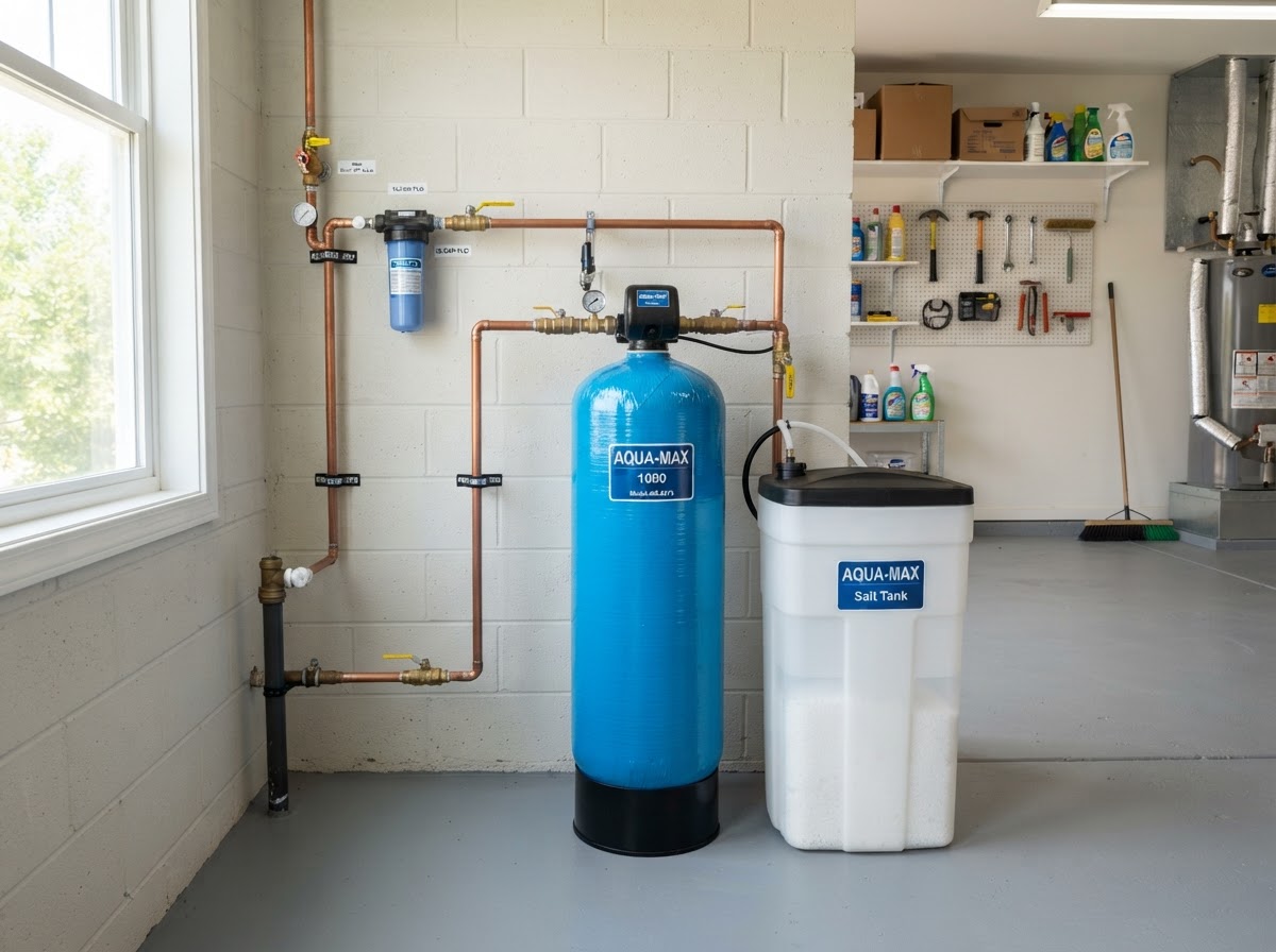 A clean, professionally installed residential water softener system in a bright utility area