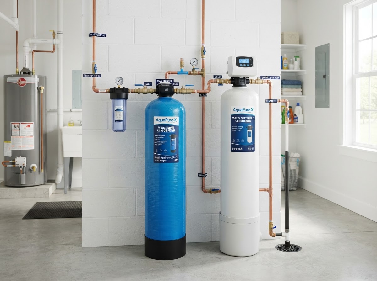 Professionally installed whole-home carbon water filtration equipment in a bright utility area