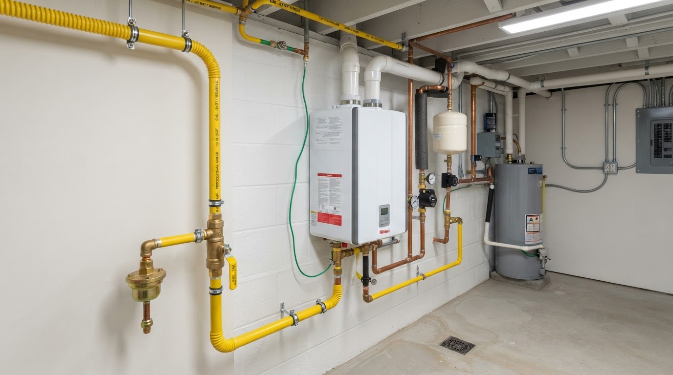 Clean, professional natural gas line installation with neat yellow gas piping connected to a residential appliance