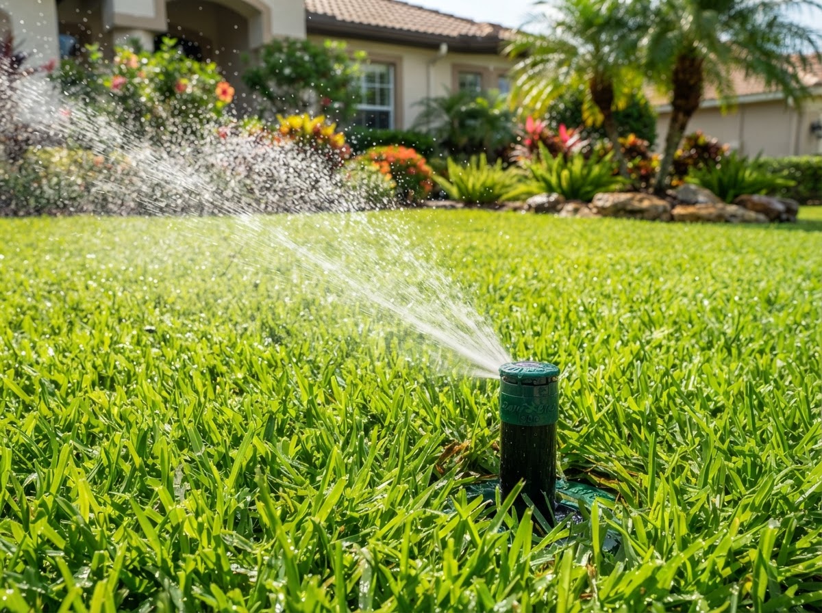 A residential sprinkler head watering a beautiful lush green Florida lawn