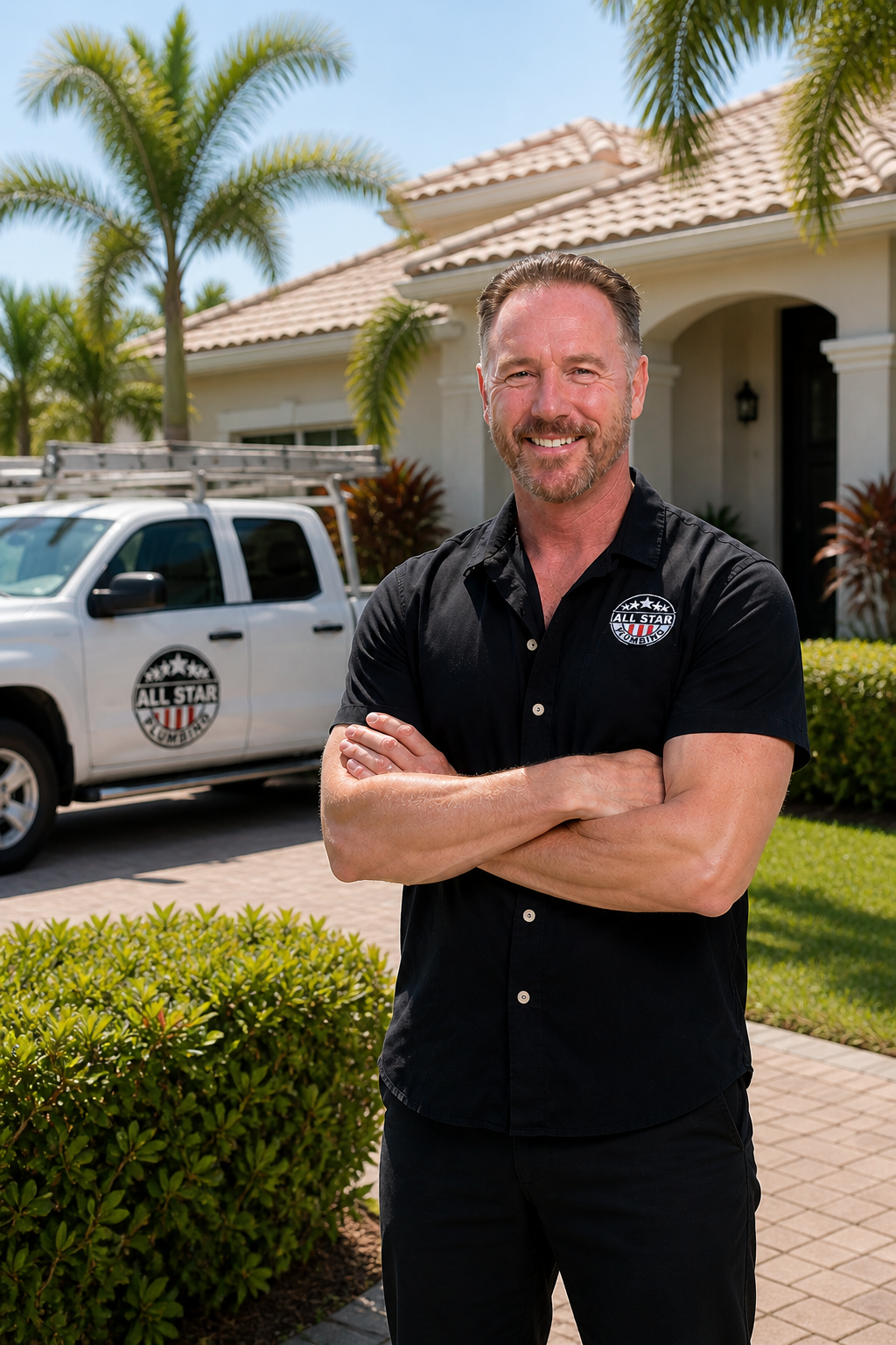 Michael Faulconer, Founder of All Star Plumbers, in front of All Star service truck and Florida home