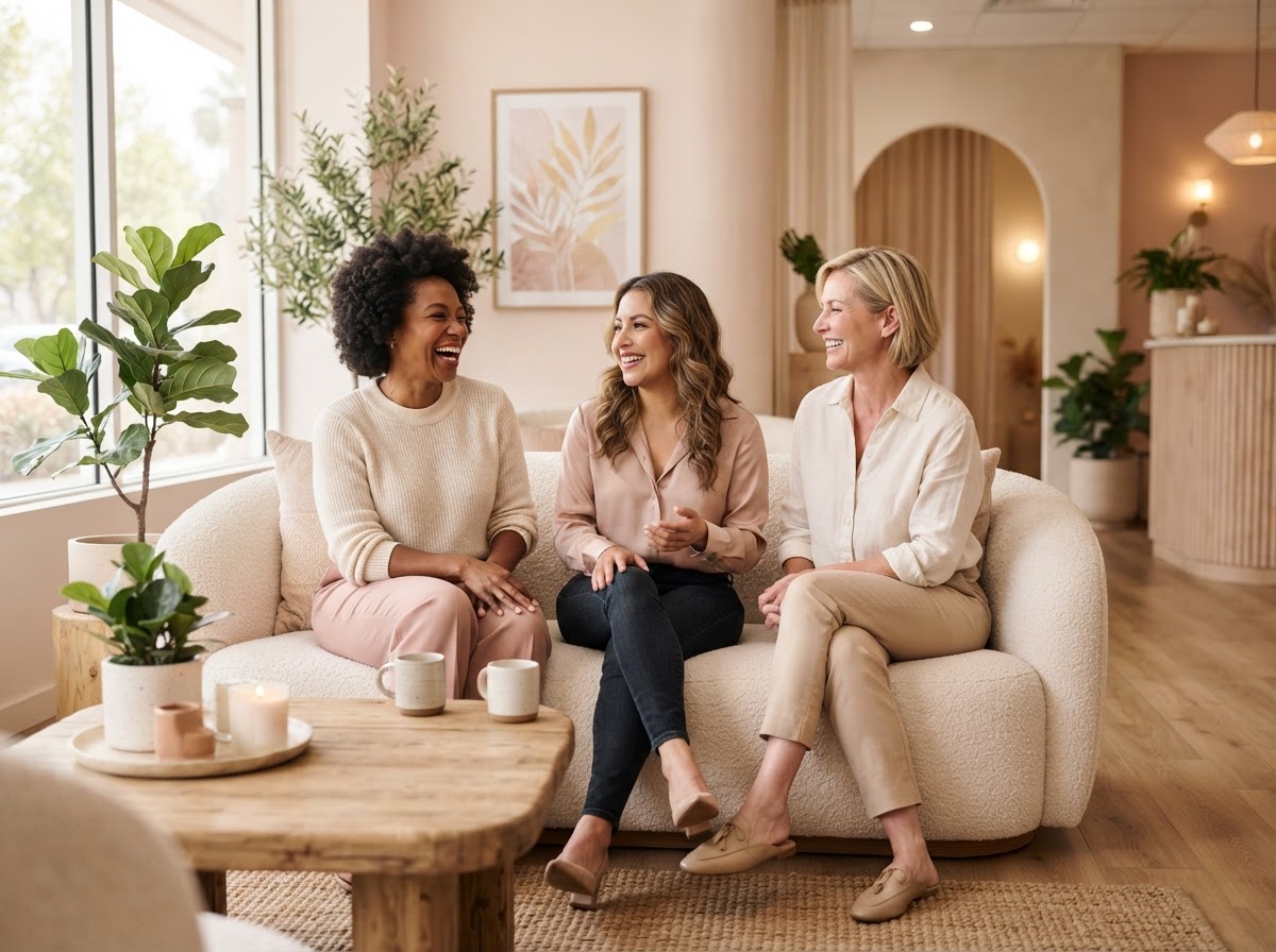 Diverse women receiving warm, personalized hormone care at Lizabelly Medspa