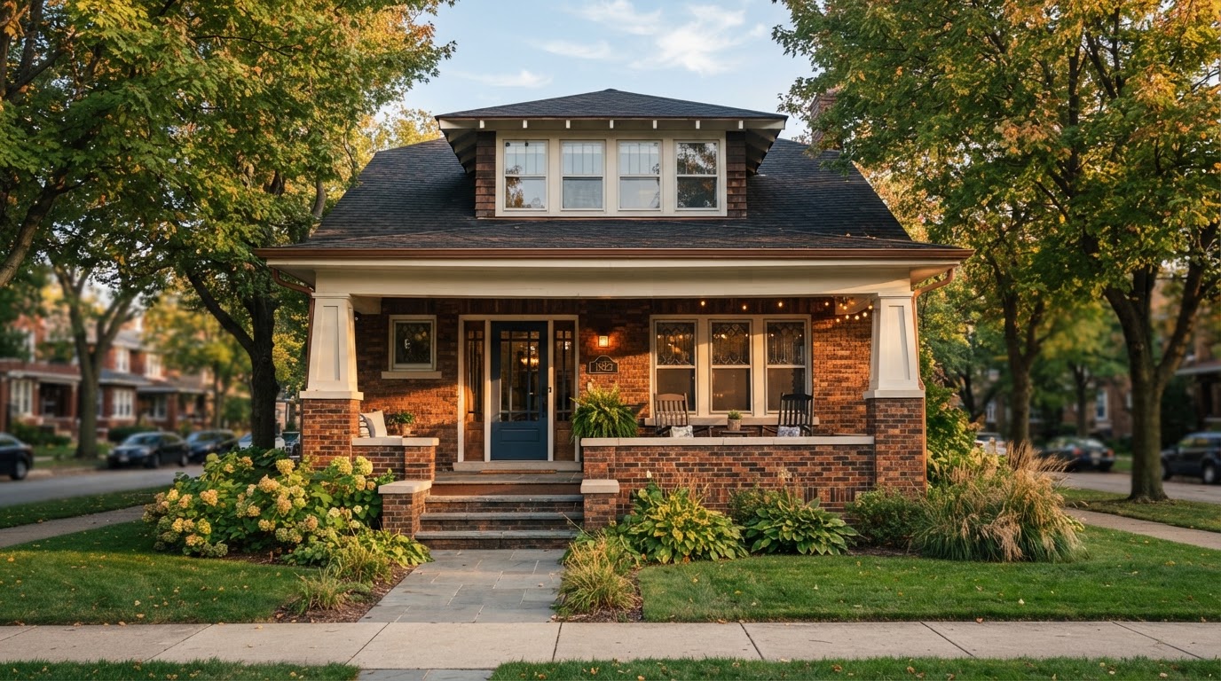 Chicagoland brick home in warm afternoon light