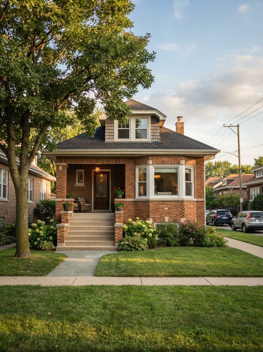 Classic Chicago-area brick bungalow with a welcoming front porch