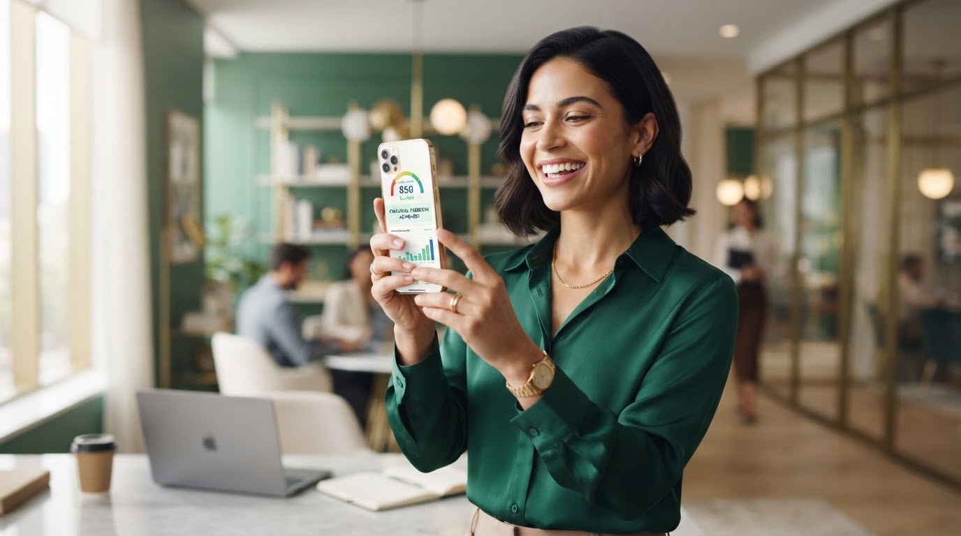 A smiling client reviewing her improved credit report on her phone