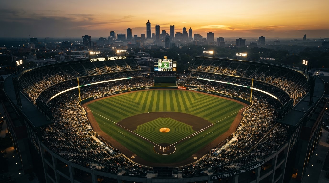 Professional baseball stadium at golden hour