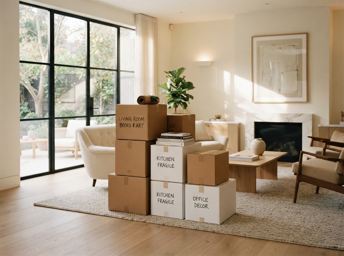 Neatly organized moving boxes in a sunlit home