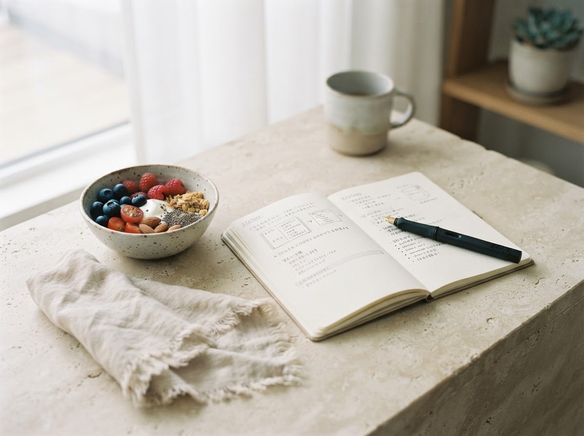 An open notebook beside a bowl of fresh whole foods and a cup of tea on a light oak table by a window in soft natural light