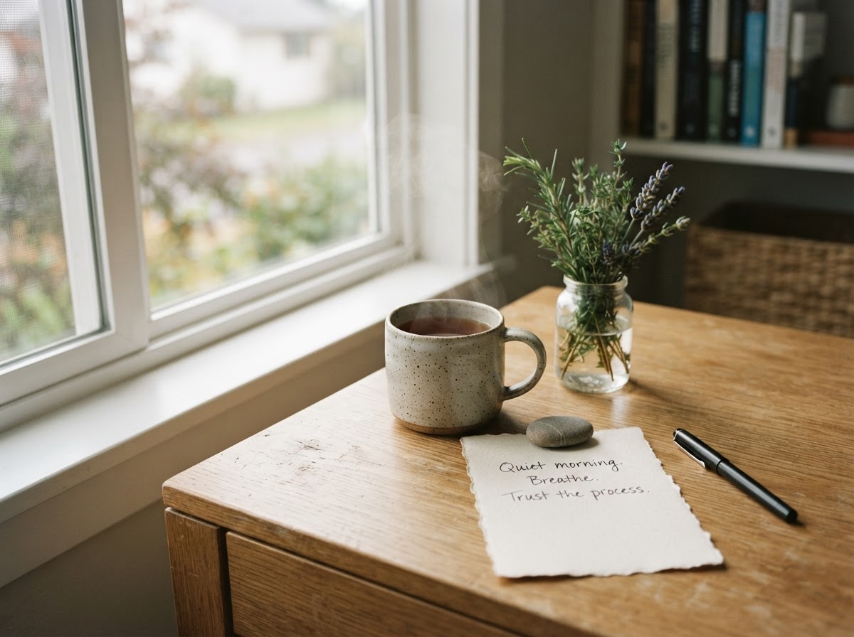 A contemporary desk by a window with a handwritten note on cream paper, a ceramic cup of herbal tea, and a small glass vase of fresh herbs in soft natural light