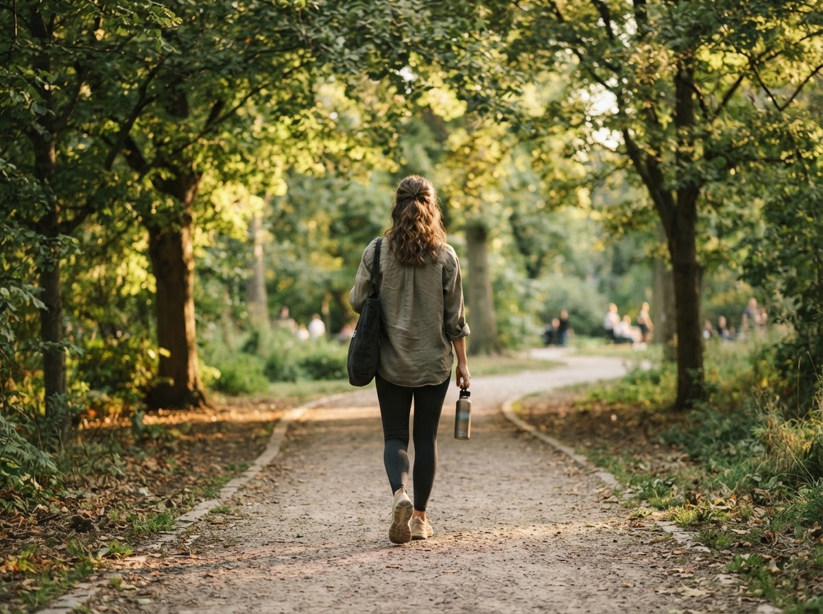 A person walking through a tree-lined path in warm golden-hour light