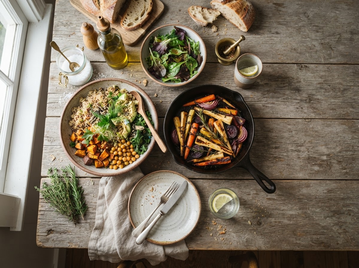 A vibrant spread of whole foods on a rustic table
