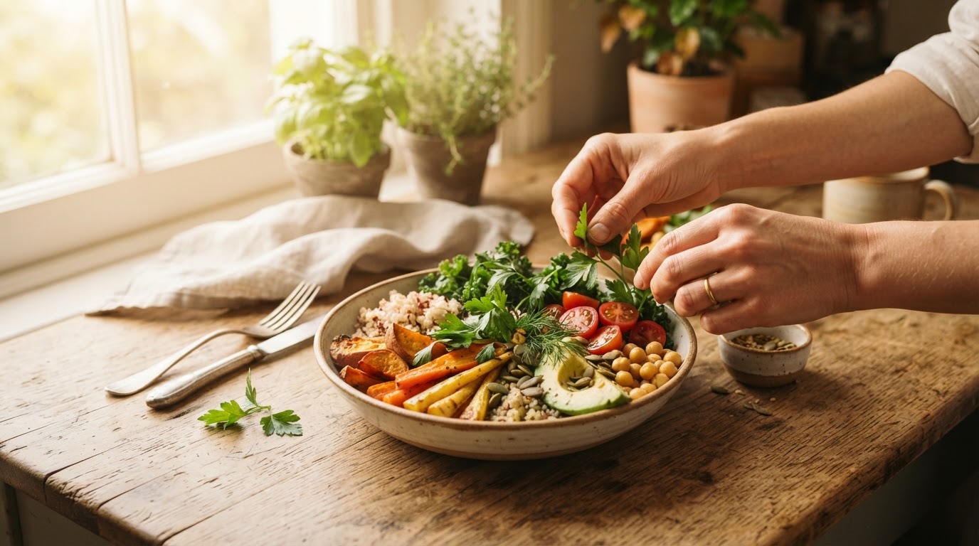 Warm morning light over hands arranging a nourishing bowl of whole foods on a wooden table