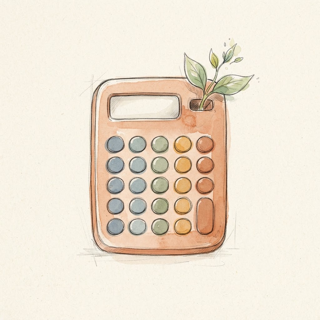Hand-drawn sketch of a calculator with a small leaf sprout growing from it