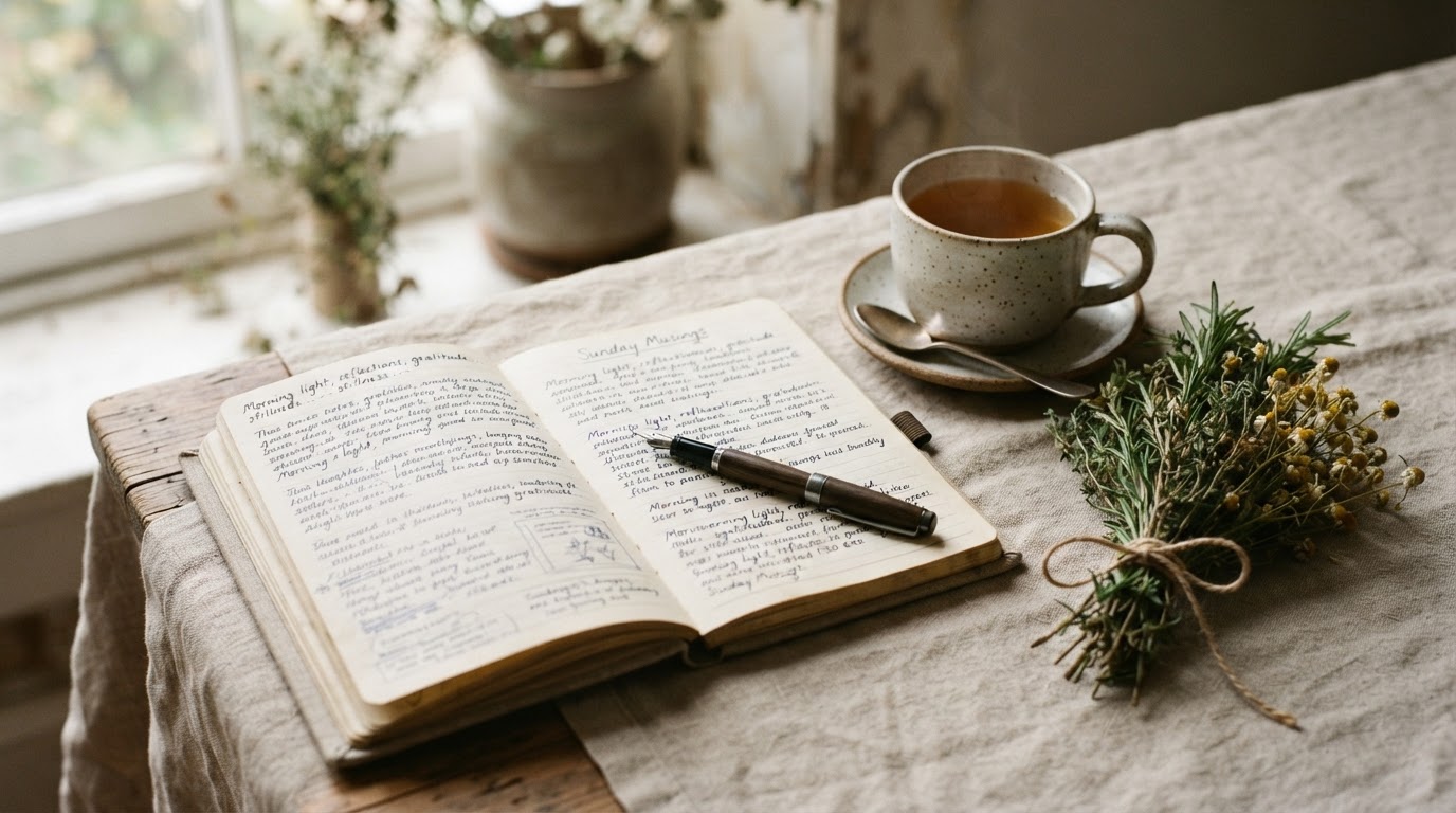 An open notebook with handwritten notes beside herbal tea and fresh herbs in soft natural light