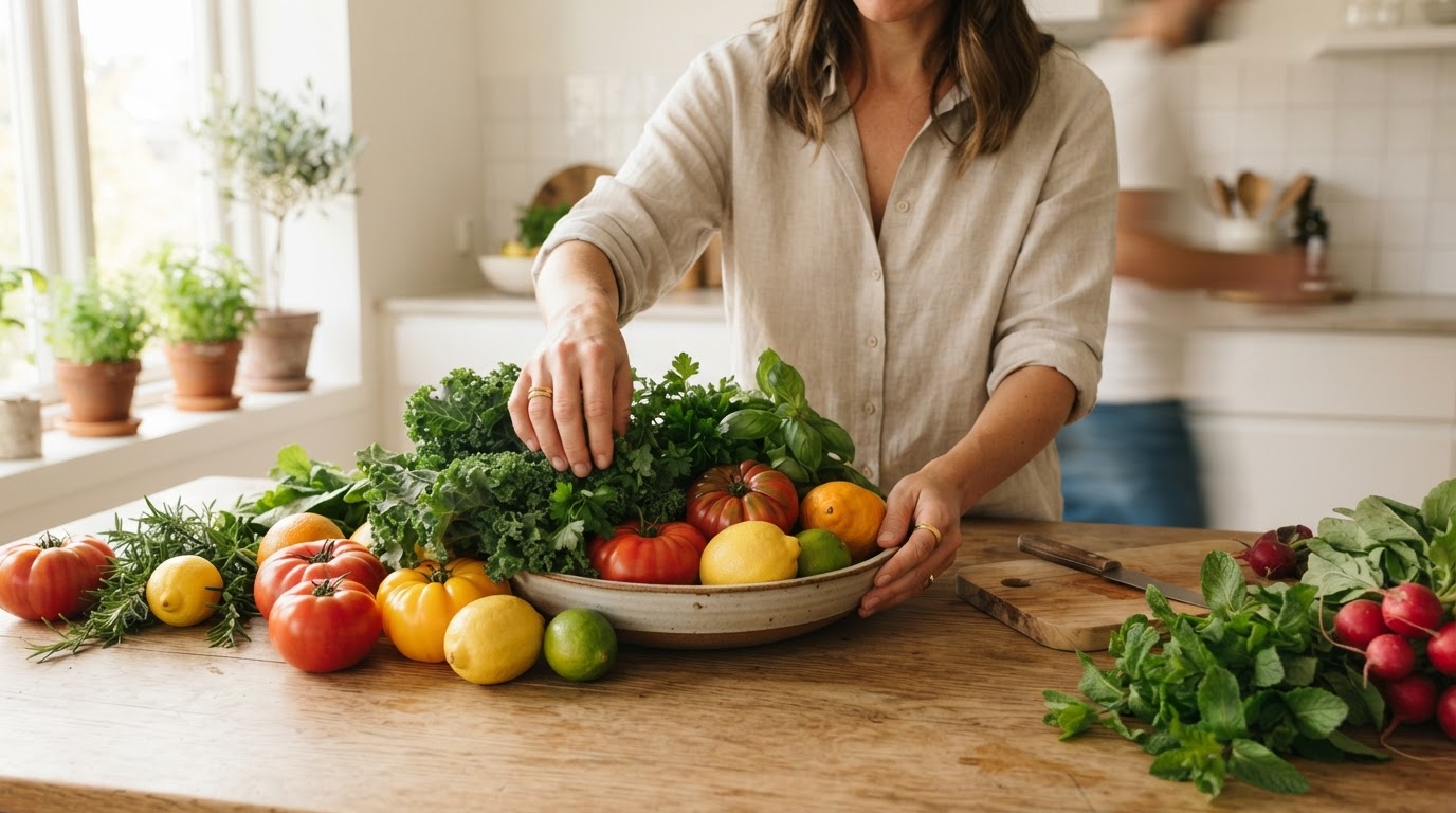 Hands reaching for vibrant fresh produce on a wooden market table in bright natural light