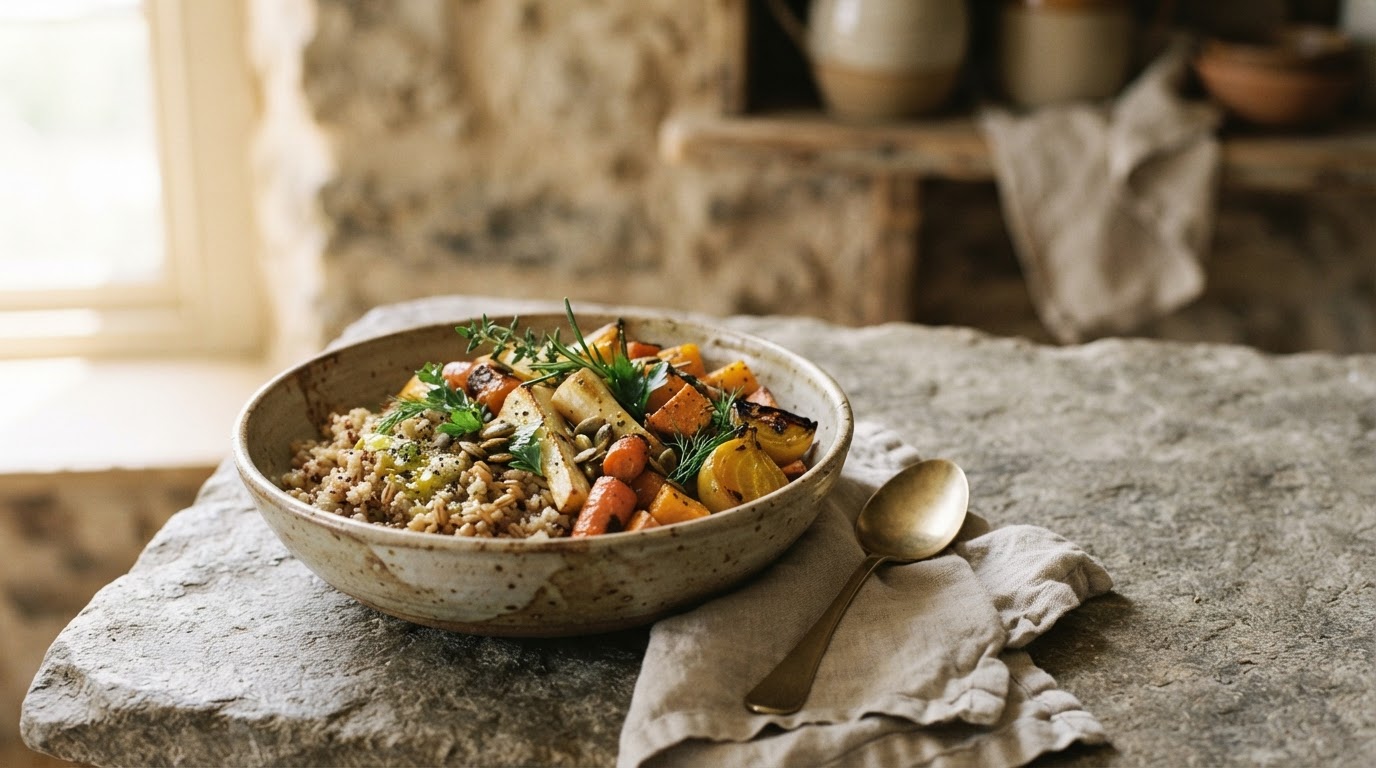 A rustic ceramic bowl of whole grains and roasted vegetables on a stone surface in natural light