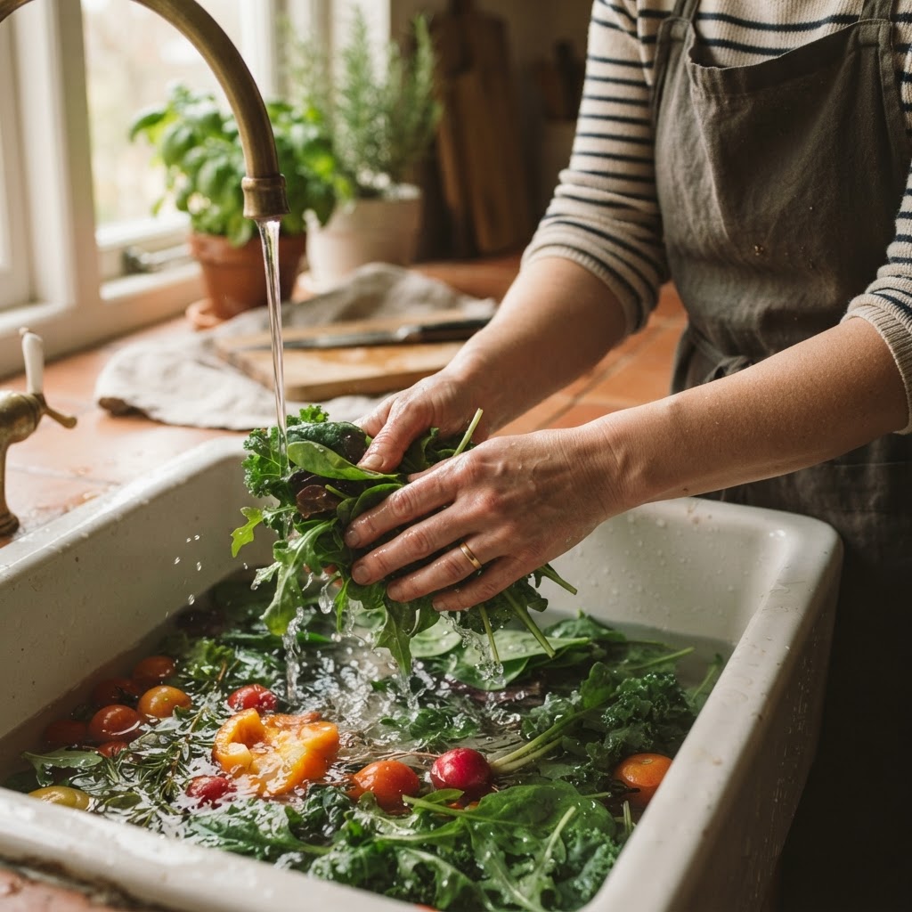 Hands rinsing fresh leafy greens under soft natural light