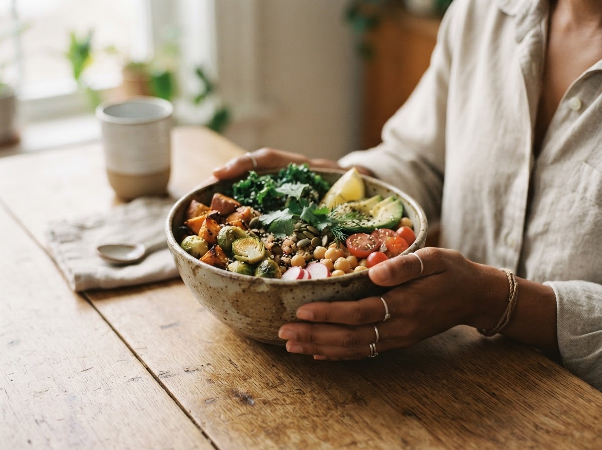 Darker skin-tone hands gently cradling a rustic ceramic bowl of colorful whole foods on a warm wooden table in soft morning light