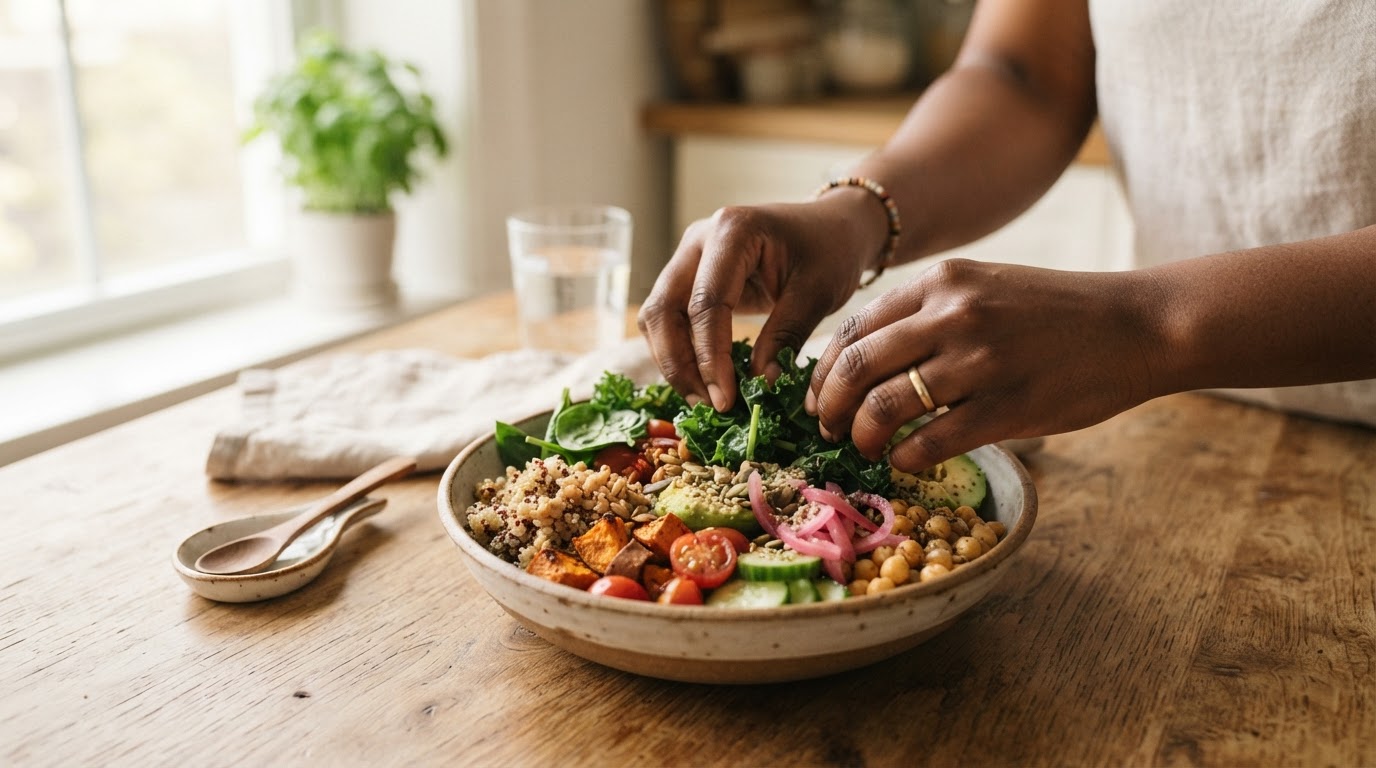 Darker skin-tone hands gently holding a nourishing bowl of whole foods on a wooden table in warm morning light
