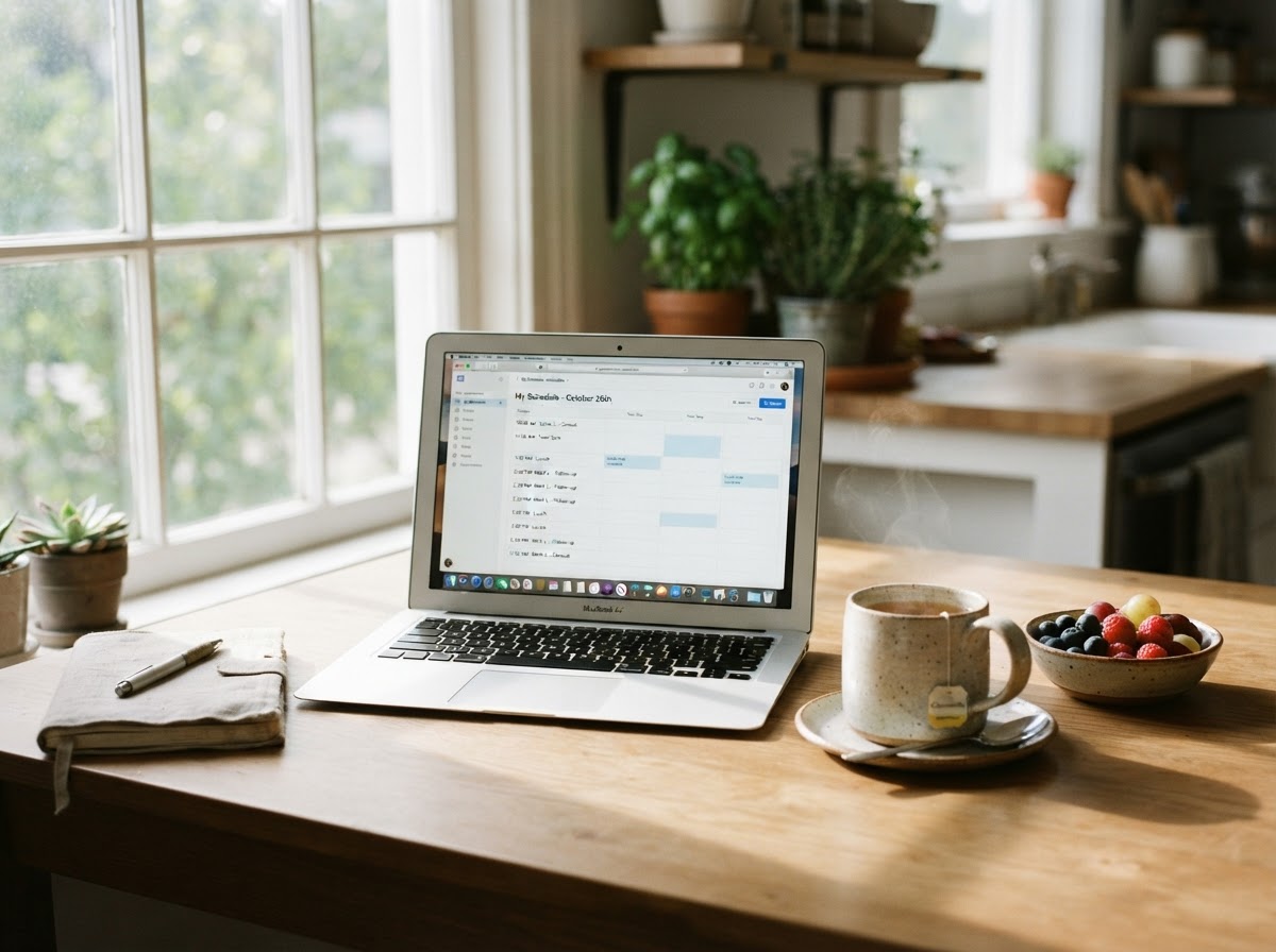 A sunlit table with a laptop open to an appointment scheduling calendar, a cup of herbal tea, and a bowl of fresh fruit