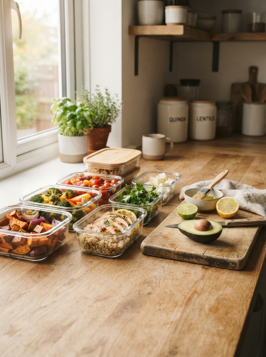 Glass containers of healthy batch-cooked meals — roasted vegetables, quinoa, and grilled chicken — prepped on a sunlit kitchen counter