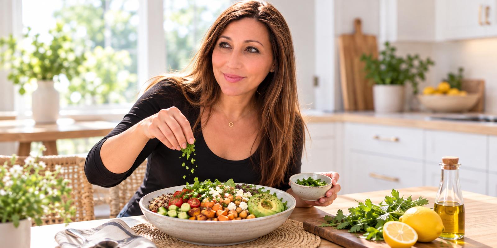 Rachael Richardson preparing a fresh, nutrient-dense Mediterranean meal