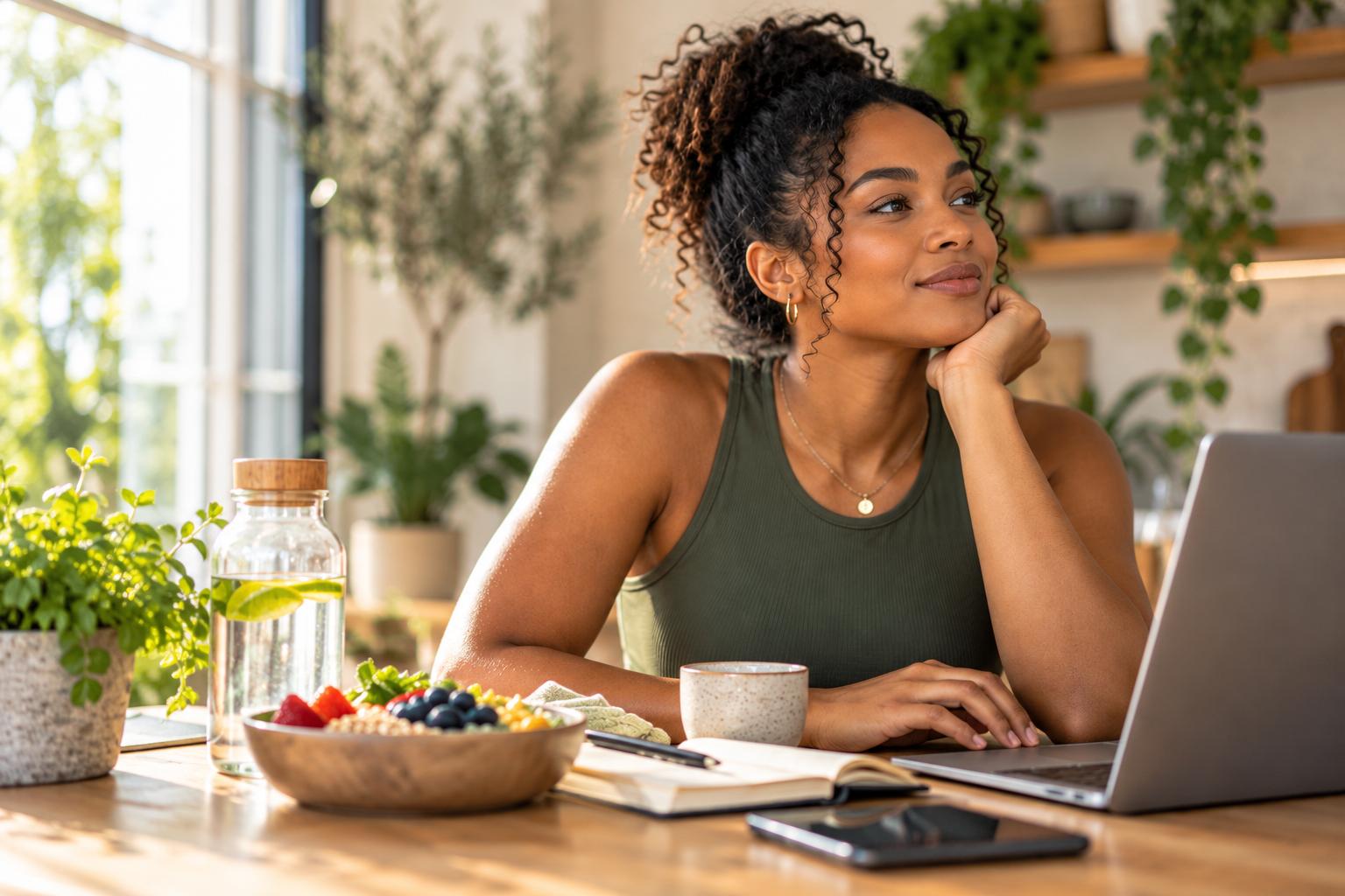 A woman in a sunlit kitchen thoughtfully planning her nutrition with an open journal, laptop, and a fresh colorful fruit and grain bowl