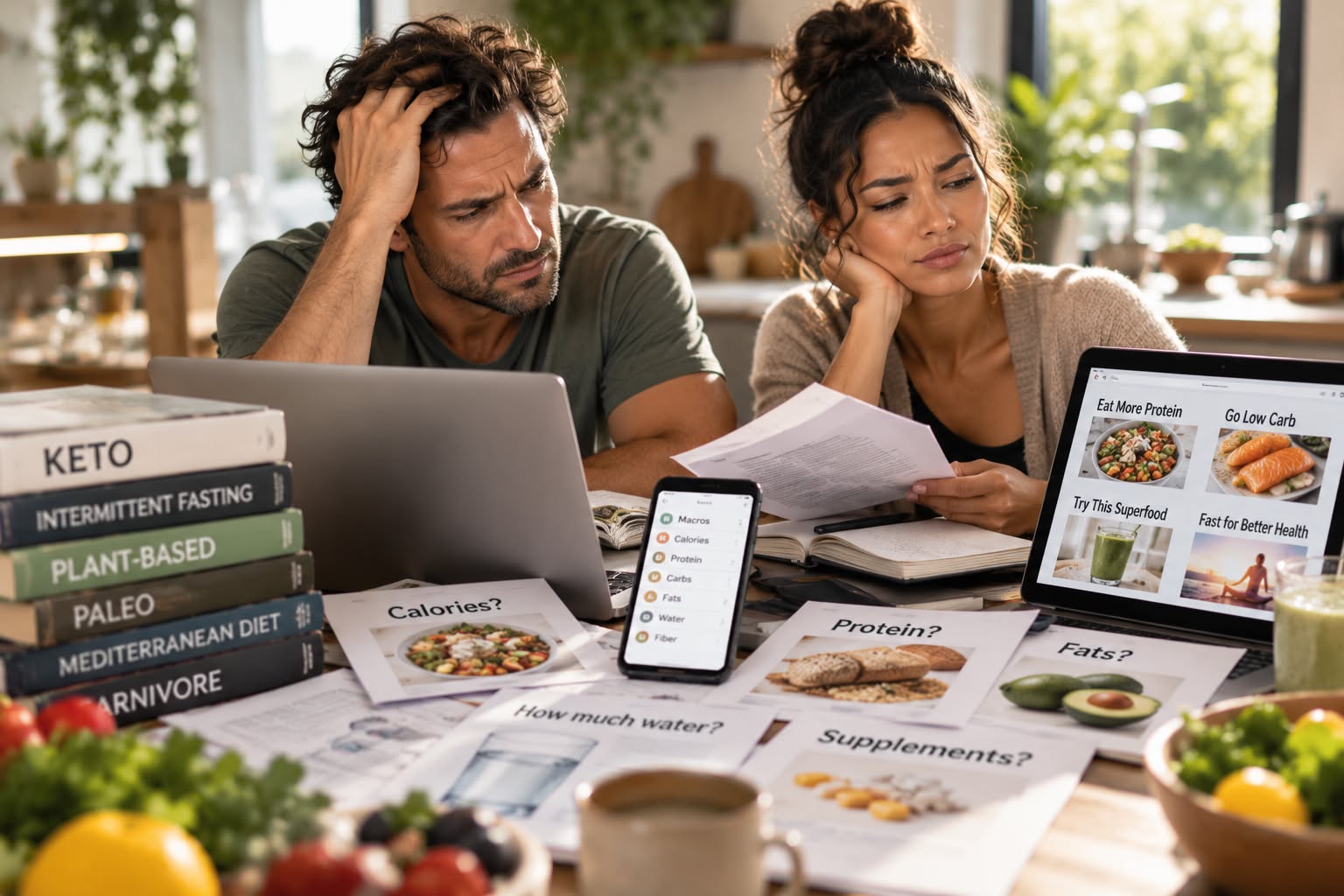 Couple feeling overwhelmed surrounded by conflicting diet books, printouts, and nutrition advice