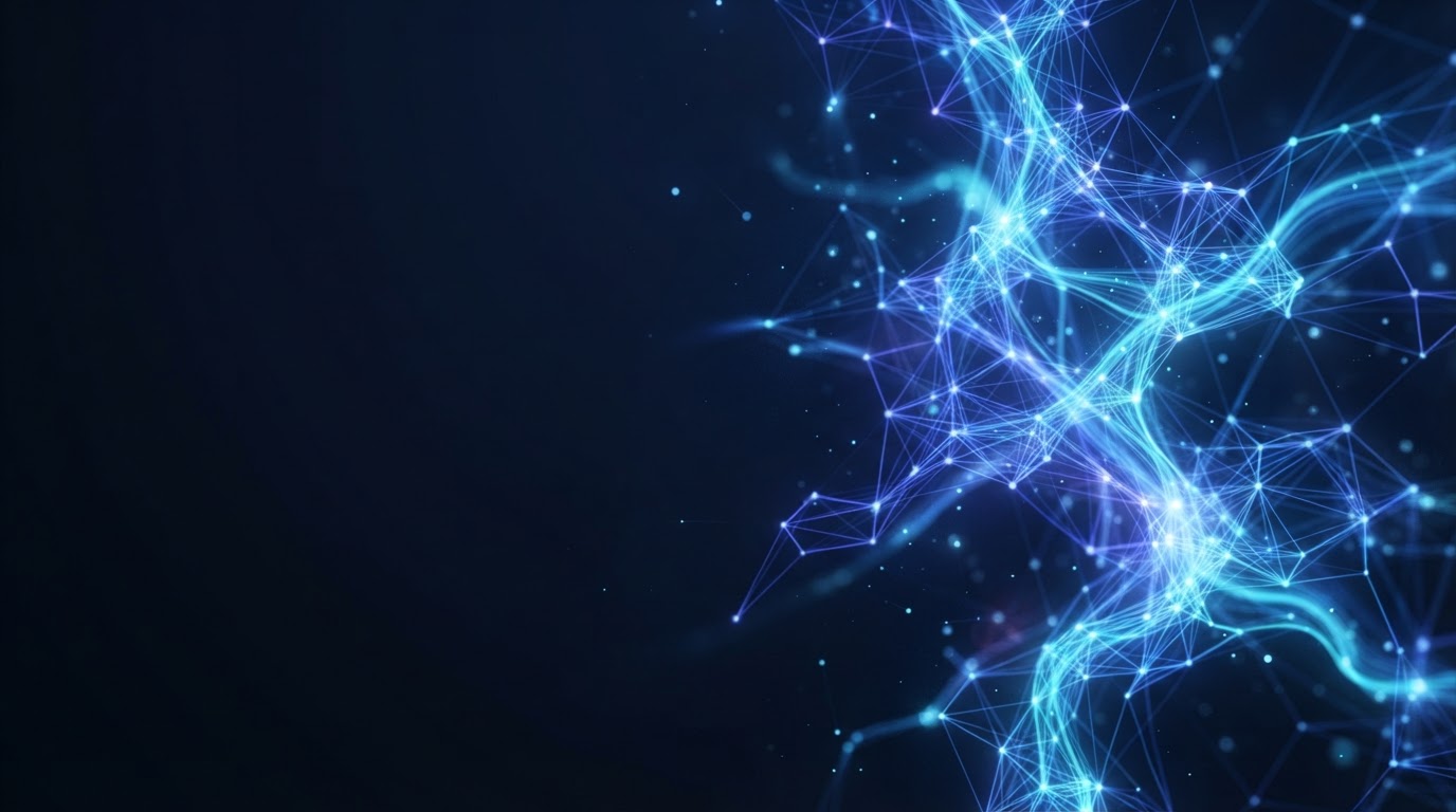 Abstract AI neural network of connected glowing nodes and flowing light in electric blue and cyan